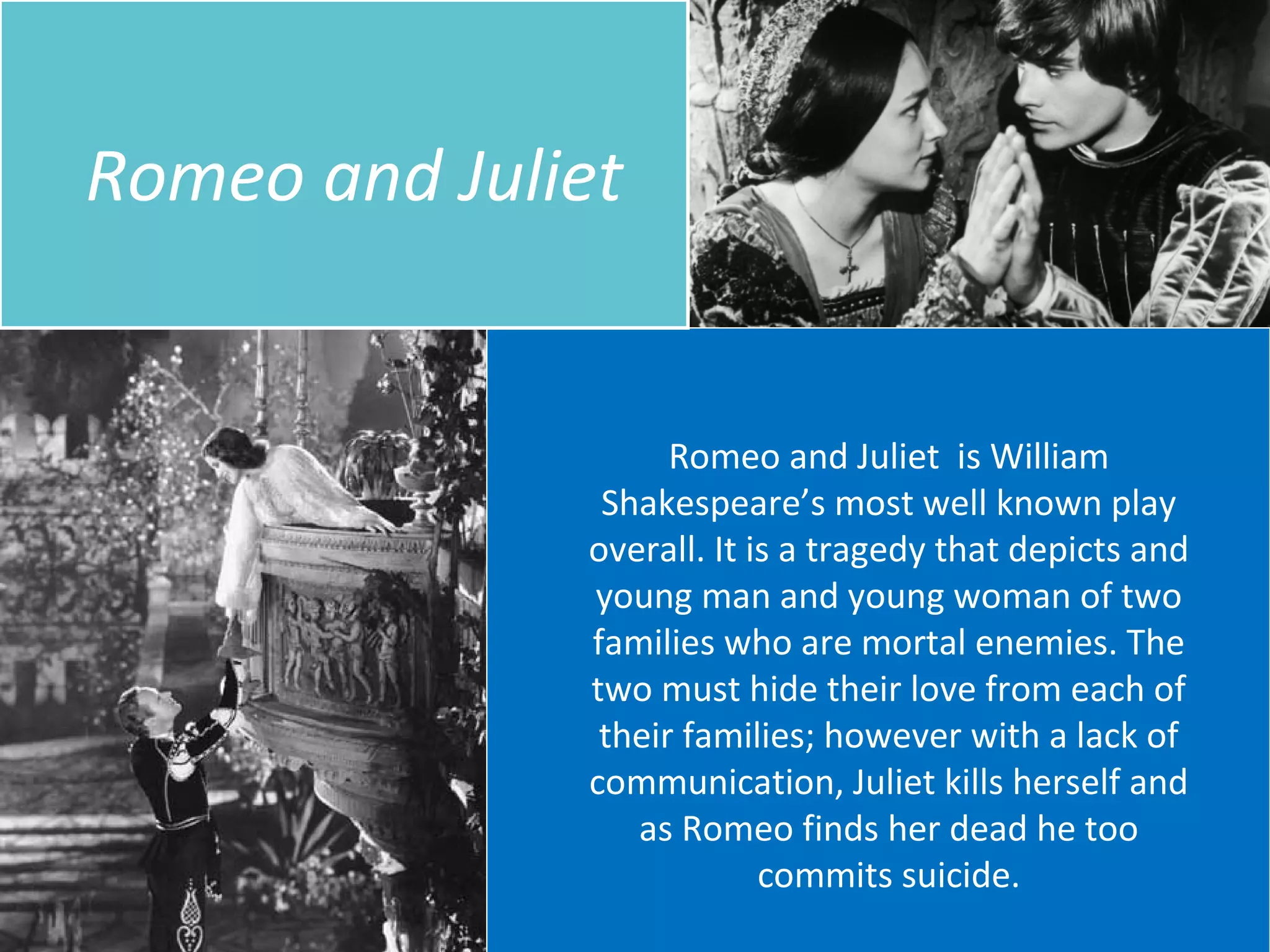 Romeo and Juliet
Romeo and Juliet is William
Shakespeare’s most well known play
overall. It is a tragedy that depicts and
young man and young woman of two
families who are mortal enemies. The
two must hide their love from each of
their families; however with a lack of
communication, Juliet kills herself and
as Romeo finds her dead he too
commits suicide.
 