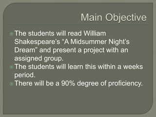?The students will read William
Shakespeares A Midsummer Nights
Dream and present a project with an
assigned group.
?The students will learn this within a weeks
period.
?There will be a 90% degree of proficiency.
 