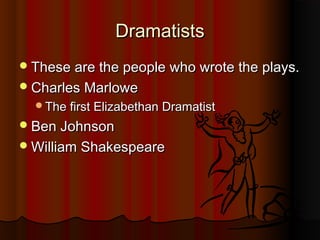 Dramatists
 These are the people who wrote the plays.
 Charles Marlowe
  The first Elizabethan Dramatist

 Ben Johnson
 William Shakespeare
 