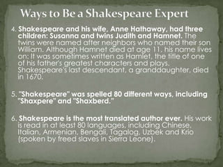 4. Shakespeare and his wife, Anne Hathaway, had three
 children: Susanna and twins Judith and Hamnet. The
 twins were named after neighbors who named their son
 William. Although Hamnet died at age 11, his name lives
 on: It was sometimes written as Hamlet, the title of one
 of his father's greatest characters and plays.
 Shakespeare's last descendant, a granddaughter, died
 in 1670.

5. "Shakespeare" was spelled 80 different ways, including
  "Shaxpere" and "Shaxberd.”

6. Shakespeare is the most translated author ever. His work
  is read in at least 80 languages, including Chinese,
  Italian, Armenian, Bengali, Tagalog, Uzbek and Krio
  (spoken by freed slaves in Sierra Leone).
 