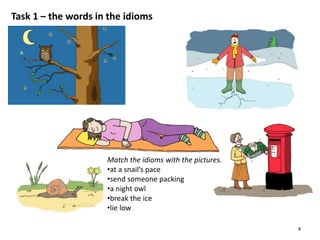 Task 1 – the words in the idioms
4
Match the idioms with the pictures.
•at a snail’s pace
•send someone packing
•a night owl
•break the ice
•lie low
 