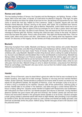 2009 Face 2 Face Theatre Company, Madrid, España - [34] (91) 434-0284 - www.teatroeningles.com - info@face2facetheatre.com 13
The Plays
The two leading families of Verona, the Capulets and the Montagues, are fighting. Romeo, a Mon-
tague, falls in love with Juliet, a Capulet, at a ball which he attends in disguise. That night, he waits
under her window and hears her speak of her love for him. He declares his loquarrelve for her. They
marry in secret the next day, helped by Friar Lawrence. Tybalt, a Capulet, argues with and kills
Romeo’s friend Mercutio. Romeo, arriving on the scene, kills Tybalt. He is banished from Verona,
and after spending the night with Juliet, goes to Mantua. Meanwhile, Juliet’s father wants her to ma-
rry Paris. The friar tells Juliet to agree to this but arranges for her to take a potion which will make
her seem dead for two days. He plans to warn Romeo, who will resecue her from her tomb, but the
message to Romeo gets lost. Romeo, hearing that Juliet has died, comes to the tomb. He doesn’t
know she has taken the potion. Paris is also at the tomb. They fight and Romeo kills Paris. Then he
kisses Juliet, takes some poison and dies. Juliet wakes up and, seeing what has happened, stabs
herself. On discovery of the tragedy, the two familes are finally persuaded to end their argument.
Romeo and Juliet
Returning triumphant from battle, Macbeth and Banquo meet three witches who predict Macbeth
will be Thane of Condor, and after King of Scotland, and that Banquo will be a father of kings. Soon
Macbeth hears that he has been made Thane of Condor. Spurred on by the prophecy and by his
ambitious wife, Lady Macbeth, Macbeth murders King Duncan who is visiting his castle at Dunsina-
ne. Duncan’s sons Malcolm and Donalblain flee in terror and Macbeth is crowned king. Macbeth has
Banquo killed, but Banquo’s son Fleance escapes. Macbeth visits the witches again and is told he
should beware of Macduff, that he can be harmed by no man born of woman, and that he is safe until
Birnham Wood comes to Dunsinane. Macbeth has Macduff’s wife and children killed, while his own
wife goes mad and dies. Malcolm brings an army to attack Dunsinane, using leaves from Birnham
Wood as camouflage, and Macduff, who was not brn, but cut from his mother’s body, kills Macbeth.
Malcolm is proclaimed king.
Macbeth
Hamlet, Prince of Denmark, sees his dead father’s ghost who tells him that he was murdered by his
brother Cluadius, and urges him to take revenge. Claudius is now king and has married Hamlet’s
mother, Queen Gertrude. Hamlet decides to pretend to be insane while he works out what to do. He
rejects his old girlfriend Ophelia, the daughter of Polonius, a lord. He arranges a play to be put on,
in which a king is murdered by his nephew. Claudius calls off the performance, seeming guilty or
worried. Hamlet talks to his mother in her bedroom, and stabs through a curtain behind which Po-
lonius is hiding, killing him. Claudius sends Hamlet to England with Rosencrantz and Guilderstern,
with instructions for them to kill him, but Hamlet escapes and returns to Denmark. During Hamlet’s
absence Ophelia has gone insane with grief and drowned. Her brother Laertes has returned from
France and encounters Hamlet in the graveyard where Ophelia is to be buried. Claudius arranges
a duel, giving Laertes a poisoned sword with which to fight Hamlet, also providing a cup of poison
for hamlet to drink. But the swords get mixed up, both Laertes and Hamlet are fatally wounded, and
Gertrude accidentally drinks the poison. Before dying, Hamlet manages at last to kill Claudius woth
the poisoned sword.
Hamlet
 