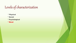 Levels of characterization
* Physical
* Social
* Psychological
* Moral
 