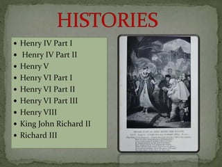  Henry IV Part I
 Henry IV Part II
 Henry V
 Henry VI Part I
 Henry VI Part II
 Henry VI Part III
 Henry VIII
 King John Richard II
 Richard III
 