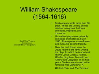William Shakespeare
               (1564-1616)
                                  •   Shakespeare wrote more than 30
                                      plays. These are usually divided
                                      into four categories: histories,
                                      comedies, tragedies, and
                                      romances.
                                  •   His earliest plays were primarily
                                      comedies and histories, but in
        QuickTime™ and a              1596, Shakespeare wrote Romeo
          decompressor
are needed to see this picture.       and Juliet, his second tragedy.
                                  •   Over the next dozen years he
                                      would return to the form, writing
                                      the plays for which he is now best
                                      known: Julius Caesar, Hamlet,
                                      Othello, King Lear, Macbeth, and
                                      Antony and Cleopatra. In his final
                                      years, Shakespeare turned to the
                                      romantic with Cymbeline, A
                                      Winter's Tale, and The Tempest.
 