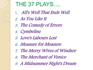 THE 37 PLAYS….
1. All's Well That Ends Well
2. As You Like It
3. The Comedy of Errors
4. Cymbeline
5. Love's Labours Lost
6. Measure for Measure
7. The Merry Wives of Windsor
8. The Merchant of Venice
9. A Midsummer Night's Dream
 