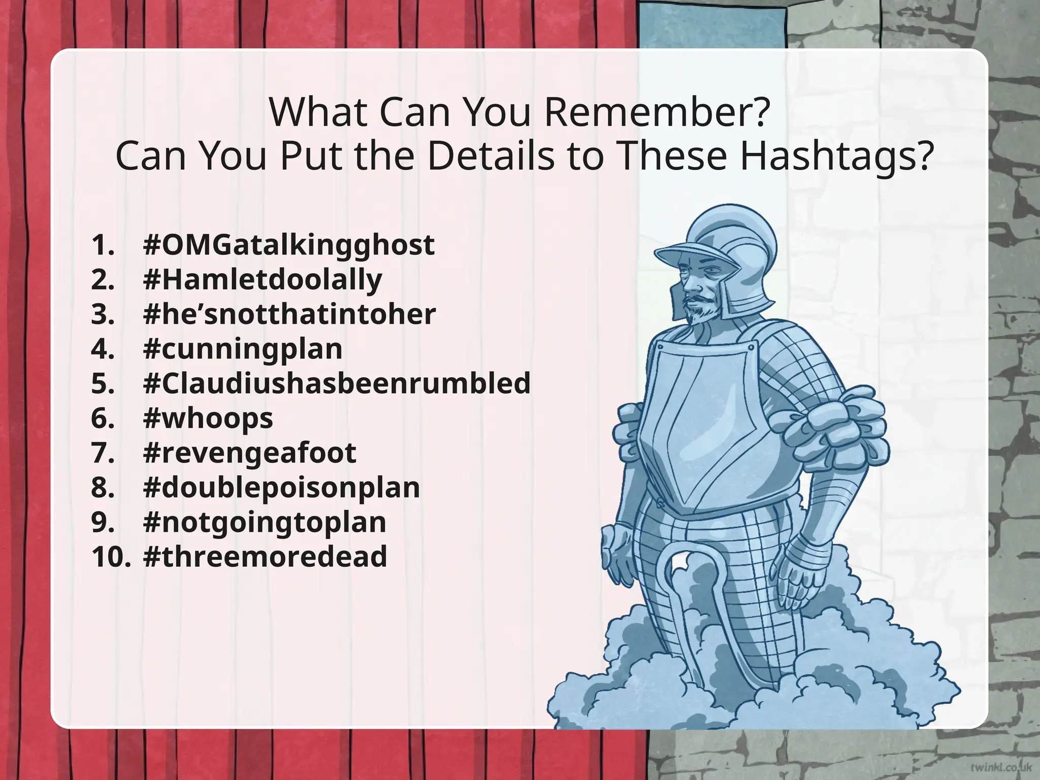 What Can You Remember?
Can You Put the Details to These Hashtags?
1. #OMGatalkingghost
2. #Hamletdoolally
3. #he’snotthatintoher
4. #cunningplan
5. #Claudiushasbeenrumbled
6. #whoops
7. #revengeafoot
8. #doublepoisonplan
9. #notgoingtoplan
10. #threemoredead
 