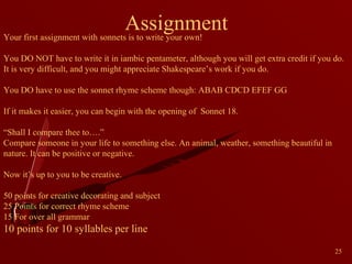 Assignment
Your first assignment with sonnets is to write your own!
You DO NOT have to write it in iambic pentameter, although you will get extra credit if you do.
It is very difficult, and you might appreciate Shakespeare’s work if you do.
You DO have to use the sonnet rhyme scheme though: ABAB CDCD EFEF GG
If it makes it easier, you can begin with the opening of Sonnet 18.
“Shall I compare thee to….”
Compare someone in your life to something else. An animal, weather, something beautiful in
nature. It can be positive or negative.
Now it’s up to you to be creative.
50 points for creative decorating and subject
25 Points for correct rhyme scheme
15 For over all grammar

10 points for 10 syllables per line
25

 