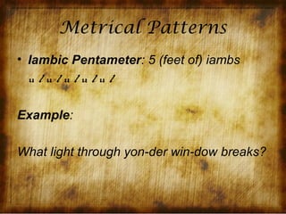 Metrical Patterns
• Iambic Pentameter: 5 (feet of) iambs
  u /u /u /u /u /

Example:

What light through yon-der win-dow breaks?
 