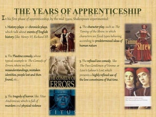 THE YEARS OF APPRENTICESHIP
In his first phase of apprenticeship, by the mid 1590s, Shakespeare experimented:
1. History plays or chronicleplays,
which talk about eventsof English
history(like Henry VI, Richard III)
2. The Plautine comedy,whose
typical example is The Comedy of
Errors, where we find
misanderstandings,mistaken
identities,people lost and then
found, etc...
3. The tragedyof horror, like Titus
Andronicus, which is full of
murdersand physical violence
4. The character play, such as The
Taming of the Shrew, in which
characters are fixed types behaving
according to predetermined ideas of
humannature
5. The refined love comedy, like
The Two Gentlemen of Verona or
Love’s Labour’s Lost, which
presents a highlyrefineduse of
the love convetnions of that time.
 