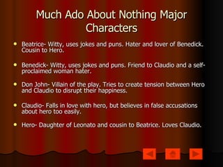 Much Ado About Nothing Major Characters Beatrice- Witty, uses jokes and puns. Hater and lover of Benedick. Cousin to Hero. Benedick- Witty, uses jokes and puns. Friend to Claudio and a self-proclaimed woman hater.  Don John- Villain of the play. Tries to create tension between Hero and Claudio to disrupt their happiness. Claudio- Falls in love with hero, but believes in false accusations about hero too easily. Hero- Daughter of Leonato and cousin to Beatrice. Loves Claudio. 