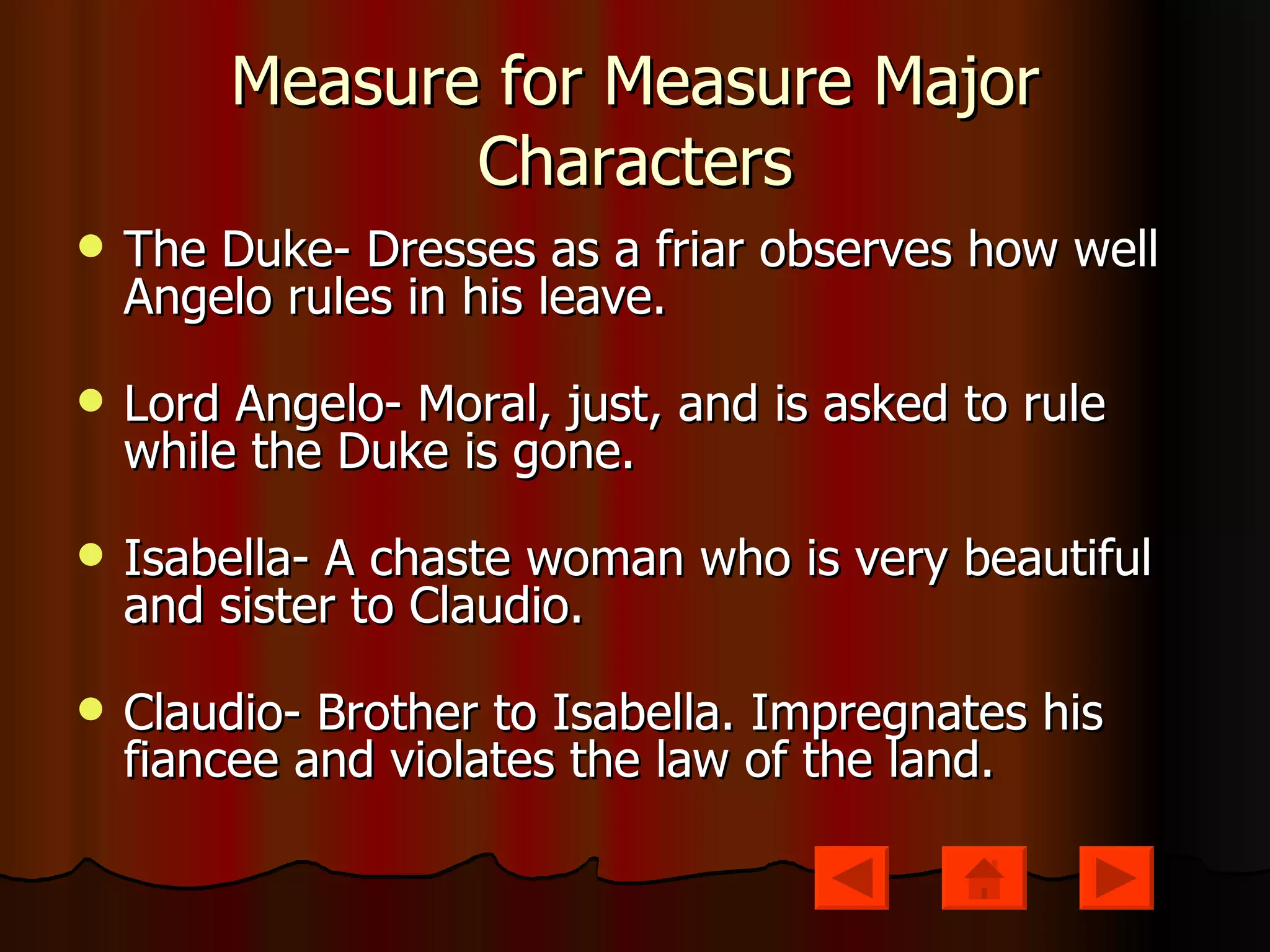 Measure for Measure Major Characters The Duke- Dresses as a friar observes how well Angelo rules in his leave. Lord Angelo- Moral, just, and is asked to rule while the Duke is gone.  Isabella- A chaste woman who is very beautiful and sister to Claudio. Claudio- Brother to Isabella. Impregnates his fiancee and violates the law of the land. 