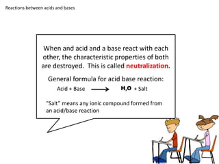 Reactions between acids and bases




                  When and acid and a base react with each
                 other, the characteristic properties of both
                 are destroyed. This is called neutralization.
                    General formula for acid base reaction:
                        Acid + Base           H2O + Salt

                   “Salt” means any ionic compound formed from
                   an acid/base reaction
 