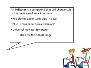 An indicator is a compound that will change color
in the presence of an acid or base
• Red Litmus paper turns blue in base
• Blue Litmus paper turns red in acid
• Universal indicator (pH paper)
       Used for the full pH range
 