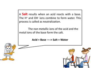 A Salt results when an acid reacts with a base.
The H+ and OH- ions combine to form water. This
process is called as neutralization.

       The non metallic ions of the acid and the
metal ions of the base form the salt.

          Acid + Base —-> Salt + Water
 