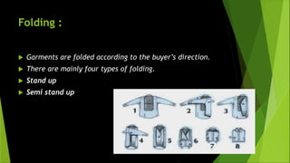 Folding :
 Garments are folded according to the buyer’s direction.
 There are mainly four types of folding.
 Stand up
 Semi stand up
 
