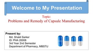 Welcome to My Presentation
Present by:
Md. Shakil Sarker
ID: PHA 20008
3rd Year 2nd Semester
Department of Pharmacy, MBSTU
Topic:
Problems and Remedy of Capsule Manufacturing
 