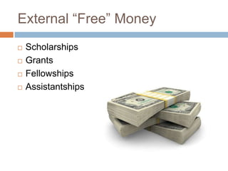 External “Free” Money





Scholarships
Grants
Fellowships
Assistantships

 