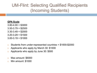 UM-Flint: Selecting Qualified Recipients
(Incoming Students)
GPA Scale
3.80-4.00 = $3000
3.50-3.79 = $2500
3.30-3.49 = $2000
3.20-3.29 = $1500
3.00-3.19 = $1000







Students from under-represented countries = $1000-$2000
Applicants who apply by March 30: $1000
Applicants who apply by June 30: $500

Max amount: $6000
Min amount: $1000

 