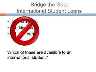 Bridge the Gap:
International Student Loans
• Stafford Loan
• Perkins Loan
• PLUS Loan

Which of these are available to an
international student?

 