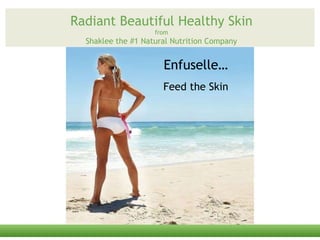 Radiant Beautiful Healthy Skin
from
Shaklee the #1 Natural Nutrition Company
Enfuselle…
Feed the Skin
 