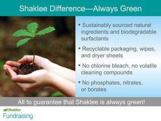 Shaklee Difference—Always Green Sustainably sourced natural    ingredients and biodegradable    surfactants Recyclable packaging, wipes,    and dryer sheets No chlorine bleach, no volatile    cleaning compounds No phosphates, nitrates,    or borates All to guarantee that Shaklee is always green! 