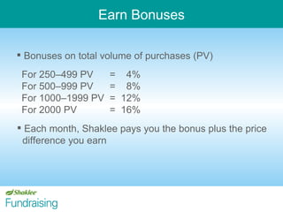 Earn Bonuses For 250 – 499 PV      =  4% For 500–999 PV      =  8% For 1000–1999 PV  =  12% For 2000 PV         =  16% Each month, Shaklee pays you the bonus plus the price  difference you earn Bonuses on total volume of purchases (PV) 