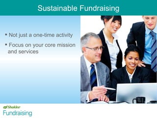 Not just a one-time activity Focus on your core mission   and services Sustainable Fundraising 