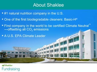About Shaklee #1 natural nutrition company in the U.S. One of the first biodegradable cleaners: Basic-H ® First company in the world to be certified Climate Neutral ™   A U.S. EPA Climate Leader — offsetting all CO 2  emissions 