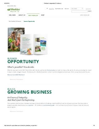 8/23/2016 Shaklee Independent Distributor
http://alina16.myshaklee.com/us/en/whyshaklee_unique.html 1/6
alina nutrition shop:

Share This My Shaklee Login View Cart  USA: English CONTACT ME
SEARCH
BUSINESS
OPPORTUNITY
What's possible? You decide.
What do you want out of life? More time with friends and family? Extra money to travel or enjoy a few perks. Or are you looking for more?
A way to make a bigger impact. The beauty of a Shaklee business is that it can be designed around your life in a way that works for you.
View our Live Well Brochure
Become a Distributor
BUILD A
GROWING BUSINESS
60 Years of Integrity. 
And that's just the beginning.
The numbers tell the story. Shaklee has been at the forefront of helping create healthier lives for 60 years and over that time we've
helped countless families earn an income — $7.2 billion in commissions paid — $2.2 of that in just the last 10 years. And the future is
even brighter.
Become a Distributor
The Shaklee Difference Income Opportunity
WELCOME ABOUT US WHY SHAKLEE SHOP JOIN SHAKLEE
 