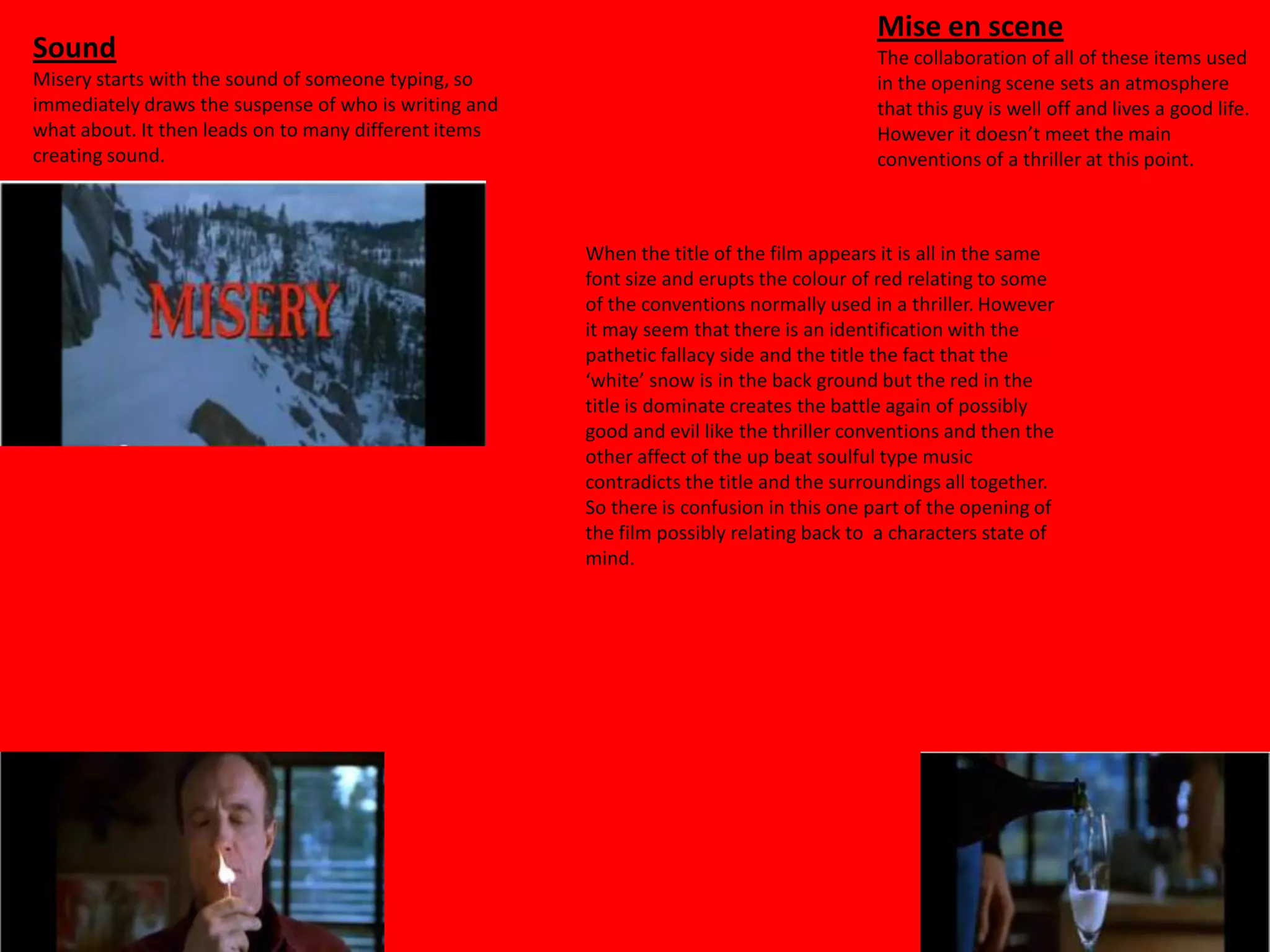  The black and white symbolism of danger vs. purity.  SoundIn every thriller film sound is the one strategies used to open up to the audience the atmosphere that the director is trying to produce. Without the use of music you are unable to deeply capture each moment for what they signify, and during the opening few minutes of psycho the distorted quite disturbing music draws you in to what the rest of the film withholds in its hands. TitlesThe use of titles all used in a different font or size, creates a sense of instability already in the movies possibly implying many things at one time. Possible implying that this is portraying the mind of one character or many which is also a useful strategy used to draw the audience in. Something in the opening credits appeals to many different people at one time and Hitchcock suttily does this throughout the movie as well. 