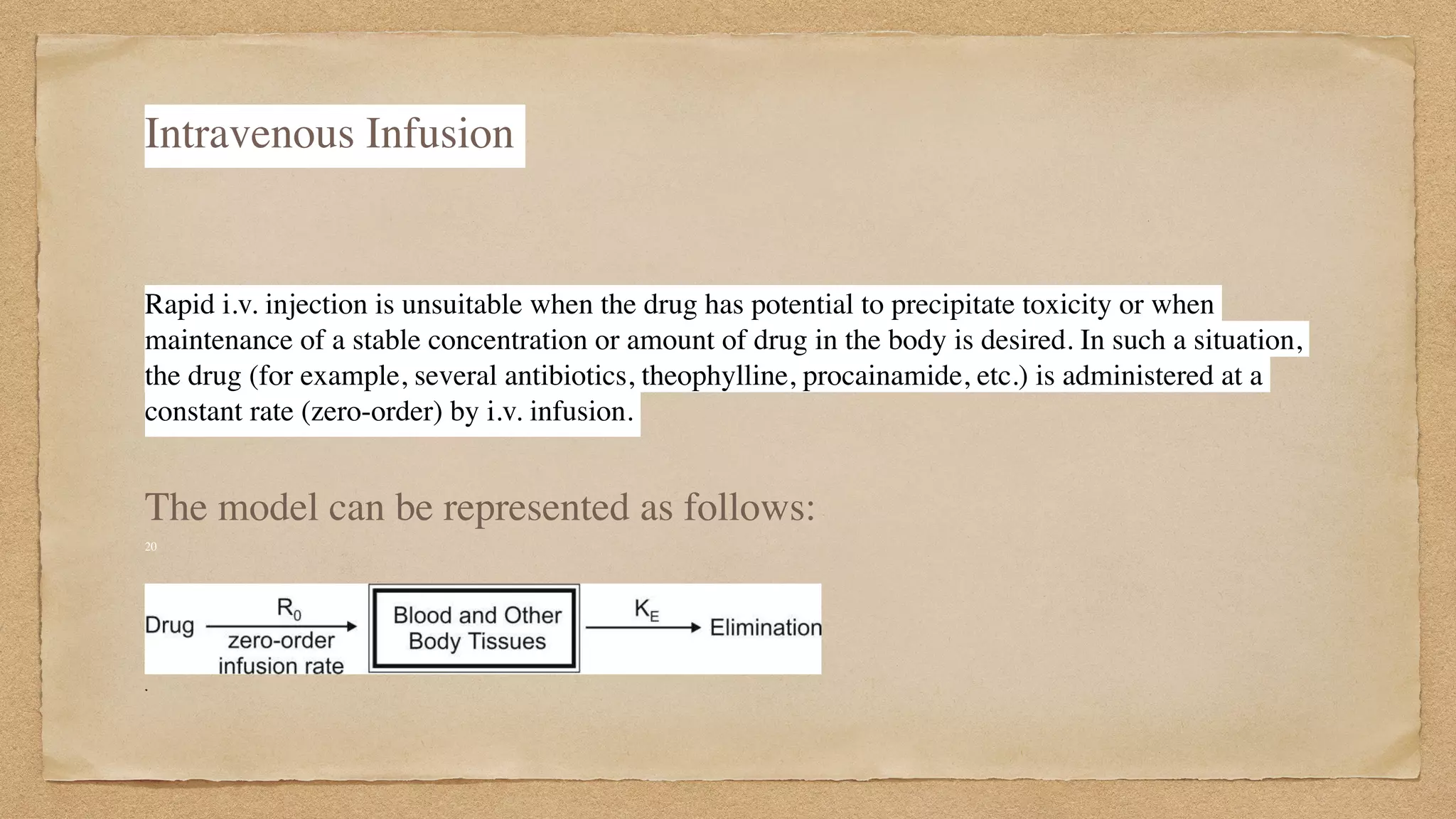 Intravenous Infusion
Rapid i.v. injection is unsuitable when the drug has potential to precipitate toxicity or when
maintenance of a stable concentration or amount of drug in the body is desired. In such a situation,
the drug (for example, several antibiotics, theophylline, procainamide, etc.) is administered at a
constant rate (zero-order) by i.v. infusion.
 

The model can be represented as follows:
20
 

 