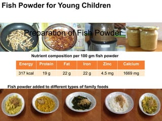 Fish Powder for Young Children
Preparation of Fish Powder
Nutrient composition per 100 gm fish powder
Energy Protein Fat I...