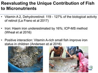 Reevaluating the Unique Contribution of Fish
to Micronutrients
• Vitamin A 2, Dehydroretinol: 119 - 127% of the biological activity
of retinol (La Frano et al 2017)
• Iron: Haem iron underestimated by 16%; ICP-MS method
(Wheal et al 2016)
• Positive interaction: Vitamin A-rich small fish improve iron
status in children (Andersen et al 2016)
 