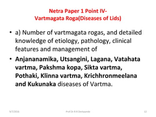 Netra Paper 1 Point IV-
Vartmagata Roga(Diseases of Lids)
• a) Number of vartmagata rogas, and detailed
knowledge of etiology, pathology, clinical
features and management of
• Anjananamika, Utsangini, Lagana, Vatahata
vartma, Pakshma kopa, Sikta vartma,
Pothaki, Klinna vartma, Krichhronmeelana
and Kukunaka diseases of Vartma.
9/7/2016 12Prof.Dr.R.R.Deshpande
 