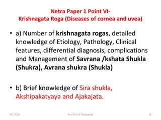 Netra Paper 1 Point VI-
Krishnagata Roga (Diseases of cornea and uvea)
• a) Number of krishnagata rogas, detailed
knowledge of Etiology, Pathology, Clinical
features, differential diagnosis, complications
and Management of Savrana /kshata Shukla
(Shukra), Avrana shukra (Shukla)
• b) Brief knowledge of Sira shukla,
Akshipakatyaya and Ajakajata.
9/7/2016 16Prof.Dr.R.R.Deshpande
 