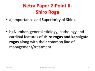 Netra Paper 2-Point II-
Shiro Roga
• a) Importance and Superiority of Shira.
• b) Number, general etiology, pathology and
cardinal features of shiro rogas and kapalgata
rogas along with their common line of
management/treatment
9/7/2016 29Prof.Dr.R.R.Deshpande
 