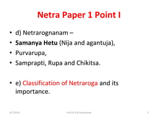 Netra Paper 1 Point I
• d) Netrarognanam –
• Samanya Hetu (Nija and agantuja),
• Purvarupa,
• Samprapti, Rupa and Chikitsa.
• e) Classification of Netraroga and its
importance.
9/7/2016 5Prof.Dr.R.R.Deshpande
 