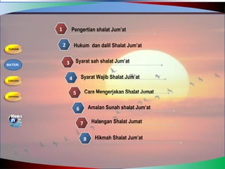 Pengertian shalat Jum’at1
2 Hukum dan dalil Shalat Jum’at
3 Syarat sah shalat Jum’at
4 Syarat Wajib Shalat Jum’at
5 Cara Mengerjakan Shalat Jumat
MATERI
6 Amalan Sunah shalat Jum’at
7 Halangan Shalat Jumat
8 Hikmah Shalat Jum’at
 