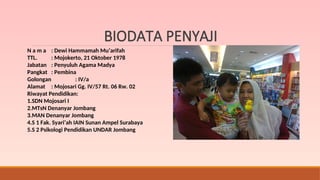 BIODATA PENYAJI
N a m a : Dewi Hammamah Mu’arifah
TTL. : Mojokerto, 21 Oktober 1978
Jabatan : Penyuluh Agama Madya
Pangkat : Pembina
Golongan : IV/a
Alamat : Mojosari Gg. IV/57 Rt. 06 Rw. 02
Riwayat Pendidikan:
1.SDN Mojosari I
2.MTsN Denanyar Jombang
3.MAN Denanyar Jombang
4.S 1 Fak. Syari’ah IAIN Sunan Ampel Surabaya
5.S 2 Psikologi Pendidikan UNDAR Jombang
 