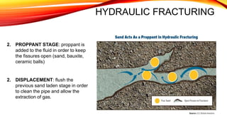 HYDRAULIC FRACTURING
2. PROPPANT STAGE: proppant is
added to the fluid in order to keep
the fissures open (sand, bauxite,
ceramic balls)
2. DISPLACEMENT: flush the
previous sand laden stage in order
to clean the pipe and allow the
extraction of gas.
 