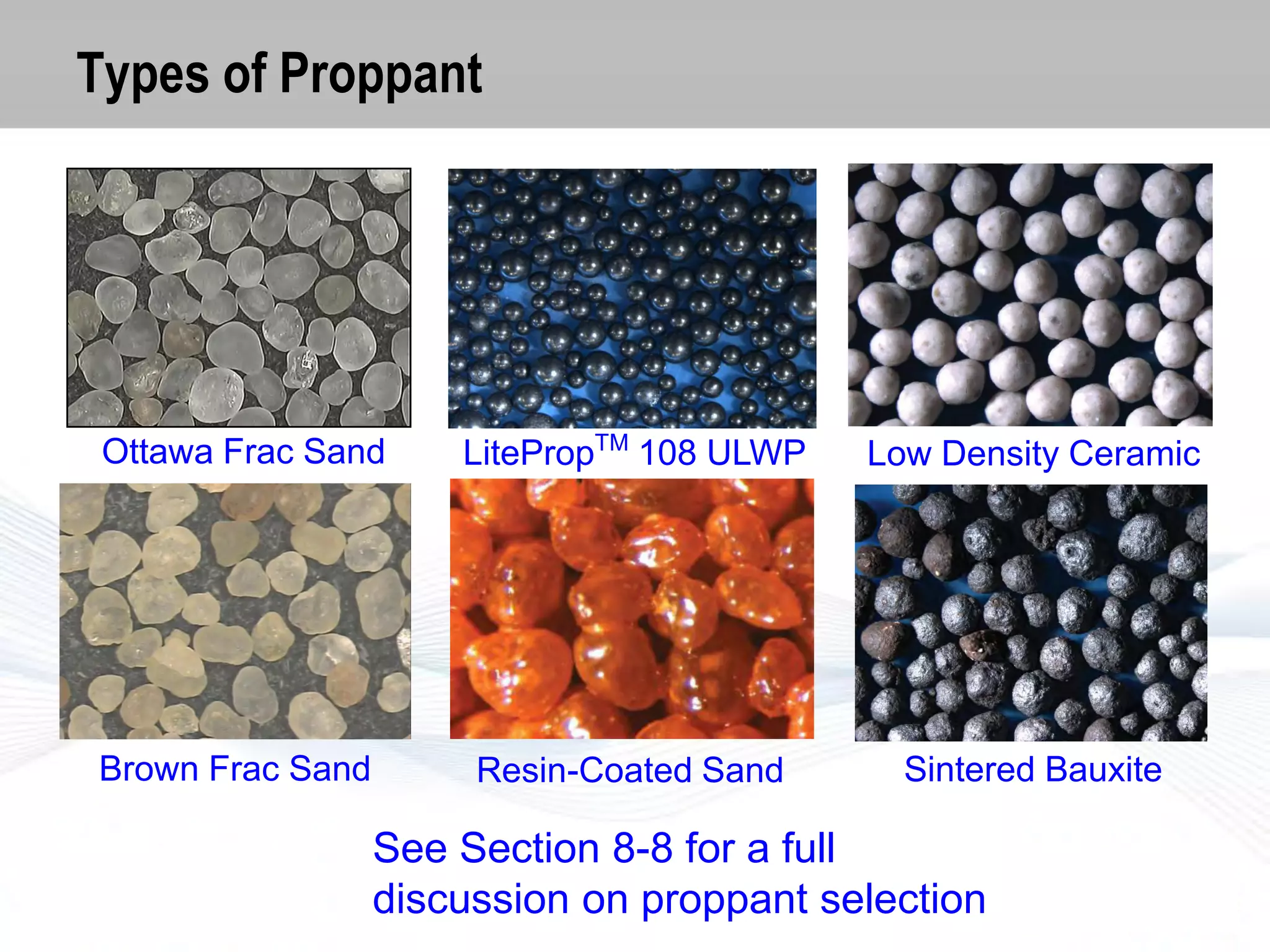 Types of Proppant

Ottawa Frac Sand

LitePropTM 108 ULWP

Low Density Ceramic

Brown Frac Sand

Resin-Coated Sand

Sintered Bauxite

See Section 8-8 for a full
discussion on proppant selection

 