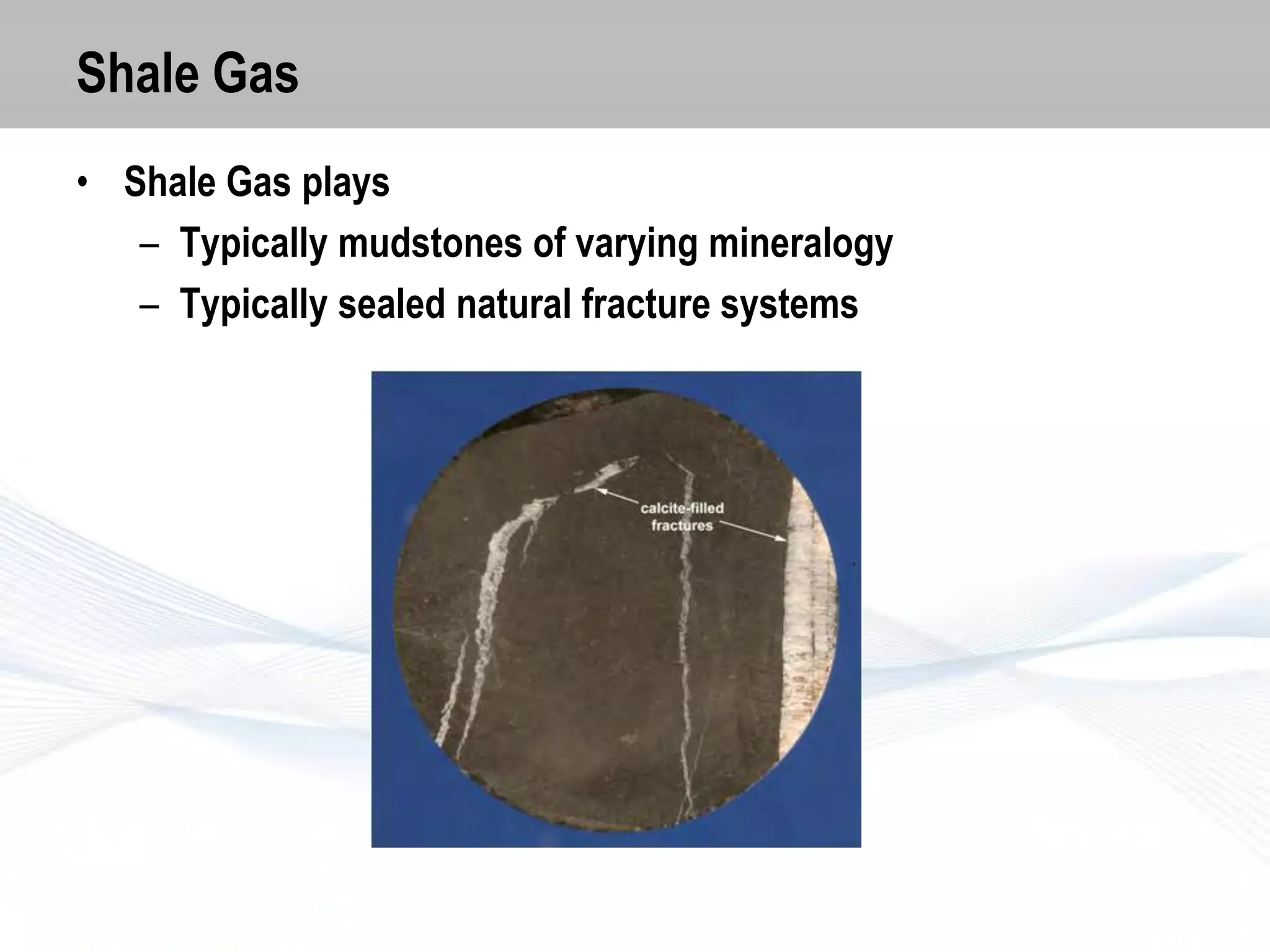 Shale Gas
• Shale Gas plays
– Typically mudstones of varying mineralogy
– Typically sealed natural fracture systems

 