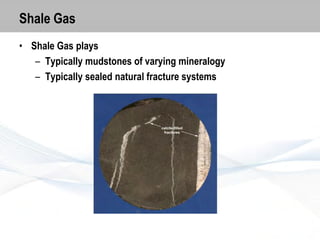 Shale Gas
• Shale Gas plays
– Typically mudstones of varying mineralogy
– Typically sealed natural fracture systems

 