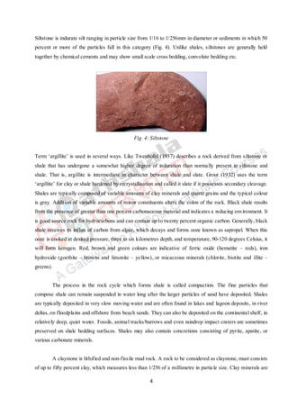 4
Siltstone is indurate silt ranging in particle size from 1/16 to 1/256mm in diameter or sediments in which 50
percent or more of the particles fall in this category (Fig. 4). Unlike shales, siltstones are generally held
together by chemical cements and may show small scale cross bedding, convolute bedding etc.
Fig. 4: Siltstone
Term ‘argillite’ is used in several ways. Like Twenhofel (1937) describes a rock derived from siltstone or
shale that has undergone a somewhat higher degree of induration than normally present in siltstone and
shale. That is, argillite is intermediate in character between shale and slate. Grout (1932) uses the term
‘argillite’ for clay or shale hardened by recrystallisation and called it slate if it possesses secondary cleavage.
Shales are typically composed of variable amounts of clay minerals and quartz grains and the typical colour
is gray. Addition of variable amounts of minor constituents alters the colon of the rock. Black shale results
from the presence of greater than one percent carbonaceous material and indicates a reducing environment. It
is good source rock for hydrocarbons and can contain up to twenty percent organic carbon. Generally, black
shale receives its influx of carbon from algae, which decays and forms ooze known as sapropel. When this
ooze is cooked at desired pressure, three to six kilometres depth, and temperature, 90-120 degrees Celsius, it
will form kerogen. Red, brown and green colours are indicative of ferric oxide (hematite – reds), iron
hydroxide (goethite – browns and limonite – yellow), or micaceous minerals (chlorite, biotite and illite –
greens).
The process in the rock cycle which forms shale is called compaction. The fine particles that
compose shale can remain suspended in water long after the larger particles of sand have deposited. Shales
are typically deposited in very slow moving water and are often found in lakes and lagoon deposits, in river
deltas, on floodplains and offshore from beach sands. They can also be deposited on the continental shelf, in
relatively deep, quiet water. Fossils, animal tracks/burrows and even raindrop impact craters are sometimes
preserved on shale bedding surfaces. Shales may also contain concretions consisting of pyrite, apatite, or
various carbonate minerals.
A claystone is lithified and non-fissile mud rock. A rock to be considered as claystone, must consists
of up to fifty percent clay, which measures less than 1/256 of a millimetre in particle size. Clay minerals are
 