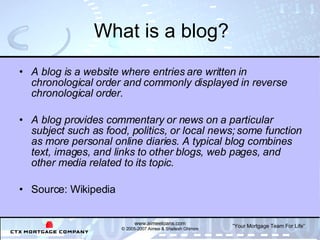 What is a blog? <ul><li>A blog is a website where entries are written in chronological order and commonly displayed in rev...