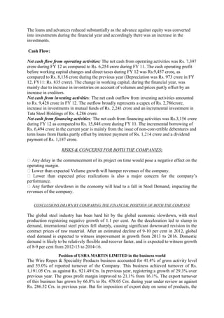 The loans and advances reduced substantially as the advance against equity was converted
into investments during the financial year and accordingly there was an increase in the
investments.

Cash Flow:

Net cash flow from operating activities: The net cash from operating activities was Rs. 7,397
crore during FY 12 as compared to Rs. 6,254 crore during FY 11. The cash operating profit
before working capital changes and direct taxes during FY 12 was Rs.9,457 crore, as
compared to Rs. 8,138 crore during the previous year (Depreciation was Rs. 973 crore in FY
12, FY11: Rs. 835 crore). The change in working capital, during the financial year, was
mainly due to increase in inventories on account of volumes and prices partly offset by an
increase in creditors.
Net cash from investing activities: The net cash outflow from investing activities amounted
to Rs. 9,428 crore in FY 12. The outflow broadly represents a capex of Rs. 2,786crore,
increase in investments in mutual funds of Rs. 2,241 crore and an incremental investment in
Tata Steel Holdings of Rs. 4,286 crore.
Net cash from financing activities: The net cash from financing activities was Rs.3,156 crore
during FY 12 as compared to Rs. 15,848 crore during FY 11. The incremental borrowing of
Rs. 6,494 crore in the current year is mainly from the issue of non-convertible debentures and
term loans from Banks partly offset by interest payment of Rs. 1,214 crore and a dividend
payment of Rs. 1,187 crore.

                   RISKS & CONCERNS FOR BOTH THE COMPANIES:

� Any delay in the commencement of its project on time would pose a negative effect on the
operating margin.
� Lower than expected Volume growth will hamper revenues of the company.
� Lower than expected price realizations is also a major concern for the company‘s
performance.
� Any further slowdown in the economy will lead to a fall in Steel Demand, impacting the
revenues of the company.

   CONCLUSIONS DRAWN BY COMPARING THE FINANCIAL POSITION OF BOTH THE COMPANY

The global steel industry has been hard hit by the global economic slowdown, with steel
production registering negative growth of 1.1 per cent. As the deceleration led to slump in
demand, international steel prices fell sharply, causing significant downward revision in the
contract prices of raw material. After an estimated decline of 9‐10 per cent in 2012, global
steel demand is expected to witness improvement in growth from 2013 to 2016. Domestic
demand is likely to be relatively flexible and recover faster, and is expected to witness growth
of 8‐9 per cent from 2012‐13 to 2014‐16.
                 Position of USHA MARTIN LIMITED in the business world
The Wire Ropes & Speciality Products business accounted for 41.4% of gross activity level
and 55.0% of reported turnover of the Company. This business achieved turnover of Rs.
1,191.05 Crs. as against Rs. 921.49 Crs. In previous year, registering a growth of 29.3% over
previous year. The gross profit margin improved to 21.1% from 16.1%. The export turnover
of this business has grown by 66.8% to Rs. 478.05 Crs. during year under review as against
Rs. 286.52 Crs. in previous year. But for imposition of export duty on some of products, the
 