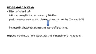 RESPIRATORY SYSTEM-
• Effect of raised IAP-
FRC and compliance decreases by 30-50%
peak airway pressures and plateau pressure rises by 50% and 80%
increase in airway resistance and work of breathing.
Hypoxia may result from atelectasis and intrapulmonary shunting .
 