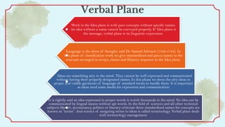 Verbal Plane
Work in the Idea plane is with pure concepts without specific names.
An idea without a name cannot be conveyed properly. If Idea plane is
the message, verbal plane is its linguistic expression.
Language is the dress of thought, said Dr. Samuel Johnson (1709-1784). In
this phase of classification work we give standardized and pucca names to the
concepts arranged in arrays, chains and filiatory sequence in the Idea plane.
. Ideas are something airy in the mind. They cannot be well expressed and communicated
without having their properly designated names. In this phase we dress the airy ideas in
proper and visible garments of language of standard terms to handle them. It is important
as ideas need some media for expression and communication
It is rightly said an idea expressed in proper words is worth thousands in the mind. No idea can be
communicated by lingual means without apt words. In the field of sciences and all other technical
subjects like art, accountancy, politics or literary criticism these standardised names for concepts are
known as “terms”. And science of assigning terms to ideas is called terminology. Verbal plane deals
with terminology management.
 