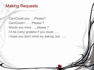 Making Requests
Can/Could you….,Please?
Can/Could I …., Please ?
Would you mind …, please ?
I’d be (very) grateful if you could …..
I hope you don’t mind my asking, but……
 